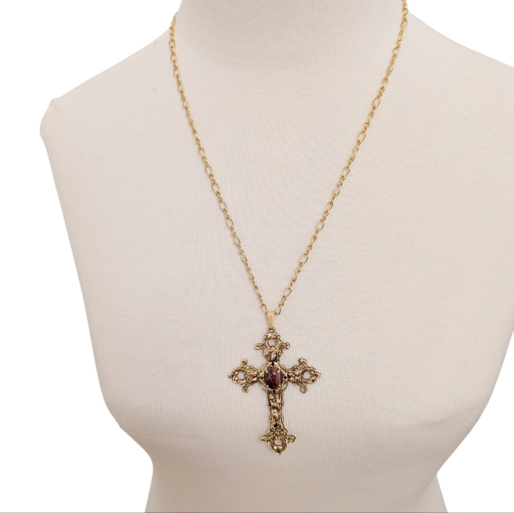 RENAISSANCE CROSS Necklace Vintage Heavy Gold Tigers Eye Religious Christian
